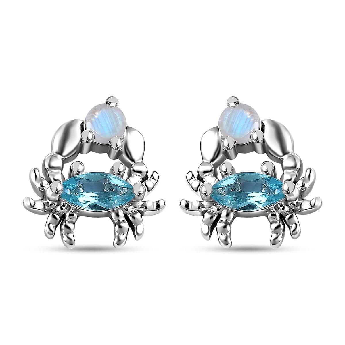 Betroka Blue Apatite and Rainbow Moonstone Crab Stud Earrings in Rhodium Over Sterling Silver 0.75 ctw