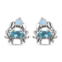 Betroka Blue Apatite and Rainbow Moonstone Crab Stud Earrings in Rhodium Over Sterling Silver 0.75 ctw