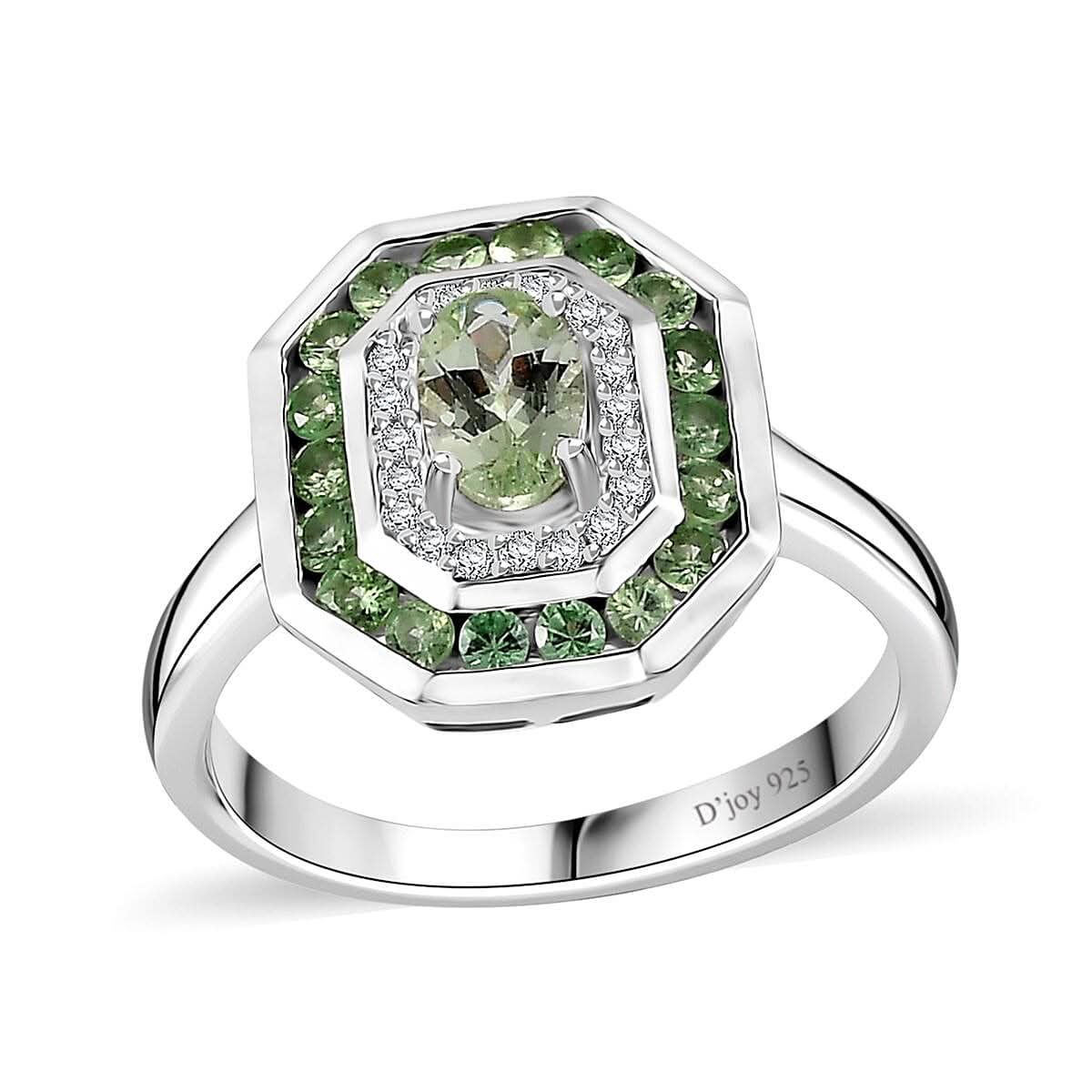 Brazilian Mint Garnet, White Zircon Ring in Rhodium Over Sterling Silver (Size 7.0) 1.15 ctw
