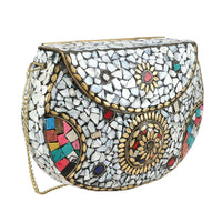 Handmade Metal Cluth Sling Bag with MOP inlay and Bead Work Color- Golden Size-5 x 7 Inch