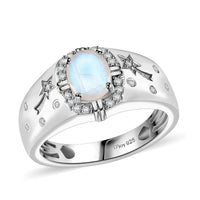 Moon Glow Moonstone, White Zircon Celestial Men's Ring in Rhodium Over Sterling Silver (Size 9.0) 1.40 ctw