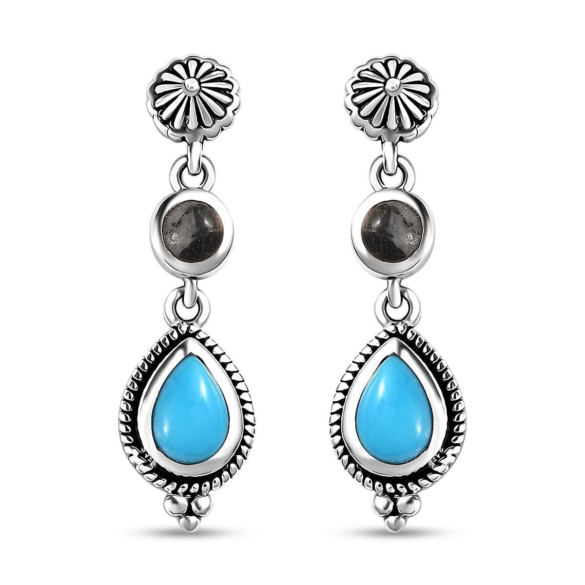 D'Joy Artisan Crafted Sleeping Beauty Turquoise and White Buffalo Dangling Earrings in Sterling Silver 2.00 ctw