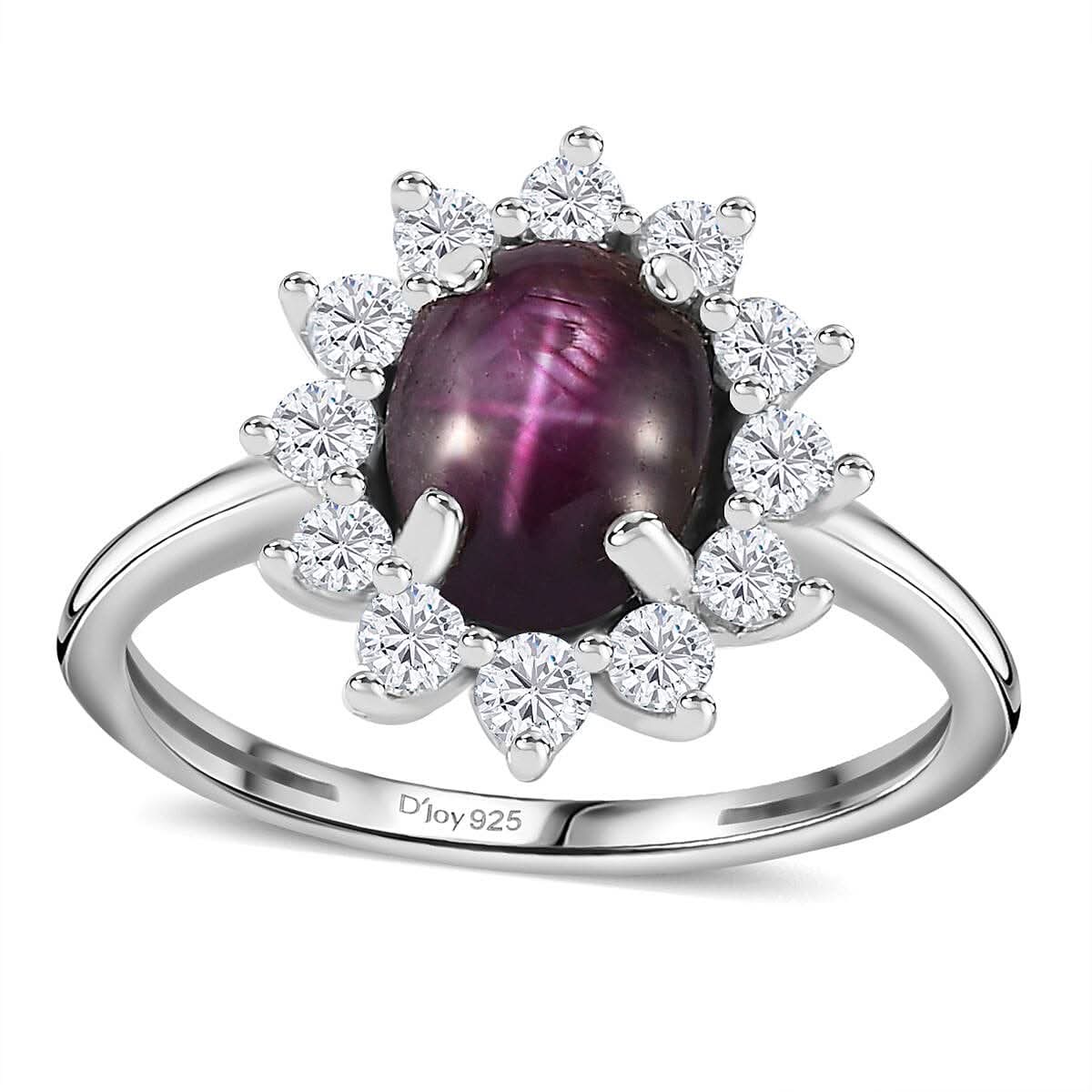 Indian Star Ruby and Moissanite Sunburst Ring in Rhodium Over Sterling Silver 2.65 ctw