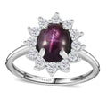 Indian Star Ruby and Moissanite Sunburst Ring in Rhodium Over Sterling Silver 2.65 ctw - Sticky add to cart bar