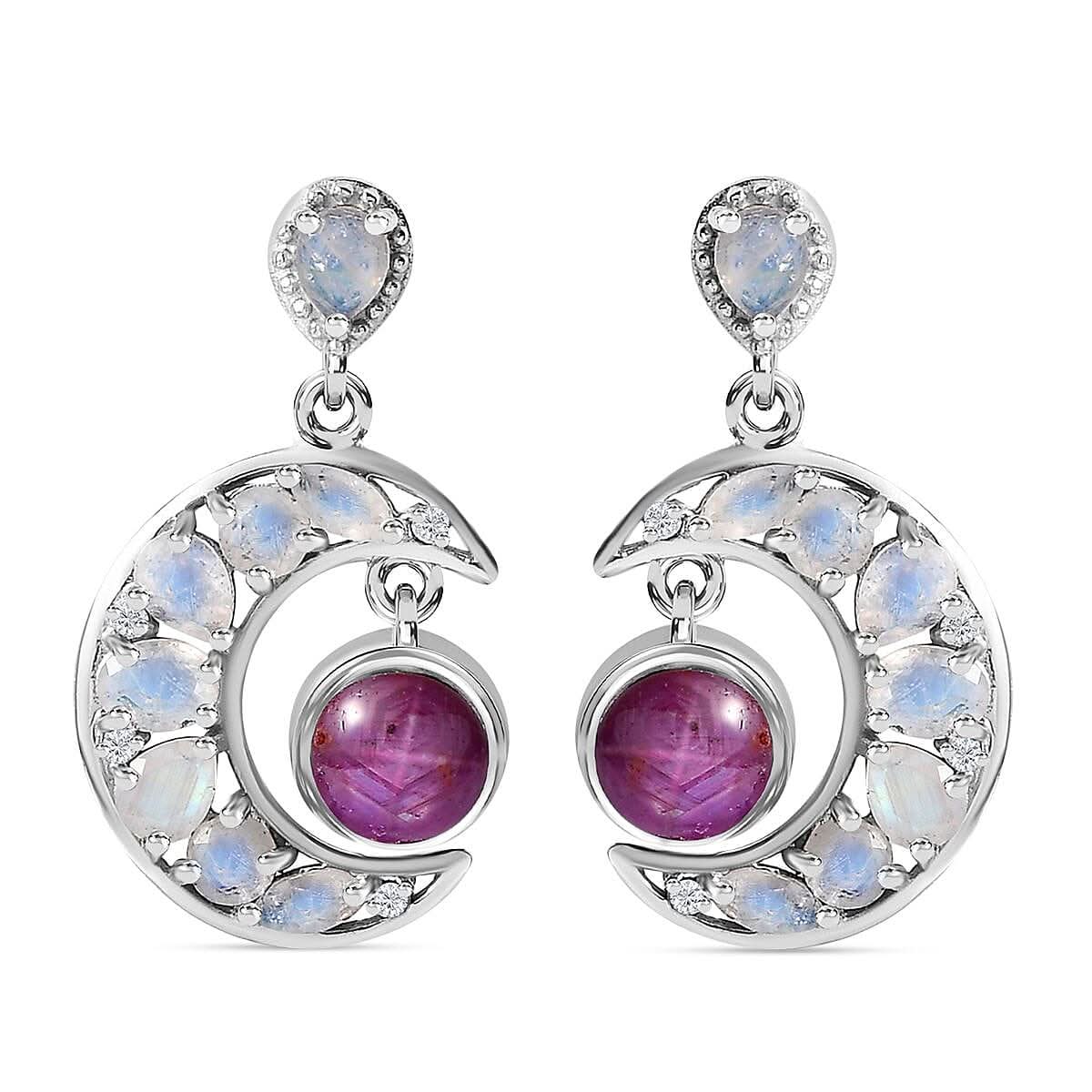 Indian Star Ruby and Multi Gemstone Celestial Earrings in Rhodium Over Sterling Silver 5.50 ctw