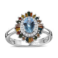 Santa Maria Aquamarine, Multi Diamond (Natural & IR) (0.50 cts) Double Halo Ring in Rhodium Over Sterling Silver (Size 5.0) 1.25 ctw - Sticky add to cart bar