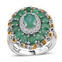 TLV Kagem Zambian Emerald, White Zircon Dahila Floral Ring in 18K Vermeil YG and Rhodium Over Sterling Silver (Size 7.0) 3.00 ctw