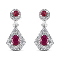 Montepuez Ruby and White Zircon Dangling Earrings in Rhodium Over Sterling Silver 0.90 ctw