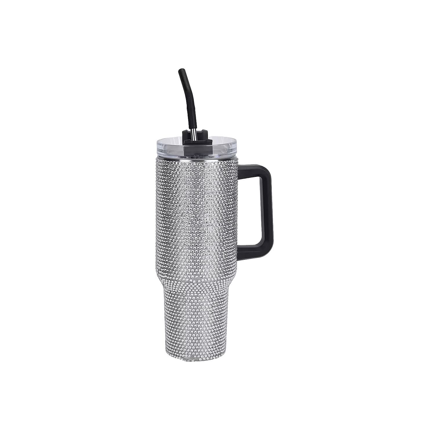 White Rhinestone Water Bottle with Straw 40 oz