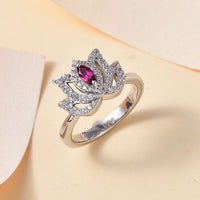 Orissa Rhodolite Garnet, White Zircon Rose Ring in Rhodium Over Sterling Silver (Size 5.0) 0.60 ctw