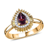 Epic Deal Premium Radiant Ember Garnet, Yellow and White Diamond (0.25 cts) Sunburst Ring in 18K Vermeil YG Over Sterling Silver (Size 10.0) 1.05 ctw