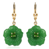 Green Jade Carved, Chrome Diopside Floral Lever Back Earrings in 18K Vermeil YG Over Sterling Silver 37.75 ctw