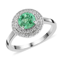Certified & Appraised Rhapsody 950 Platinum AAAA Boyaca Colombian Emerald and E-F VS Diamond Double Halo Ring (Size 5.0) 5.30 Grams 1.20 ctw