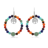 Multi Gemstone Beaded Seven Chakra Stretch Earrings with Tree of Life Charm in Silvertone 95.00 ctw