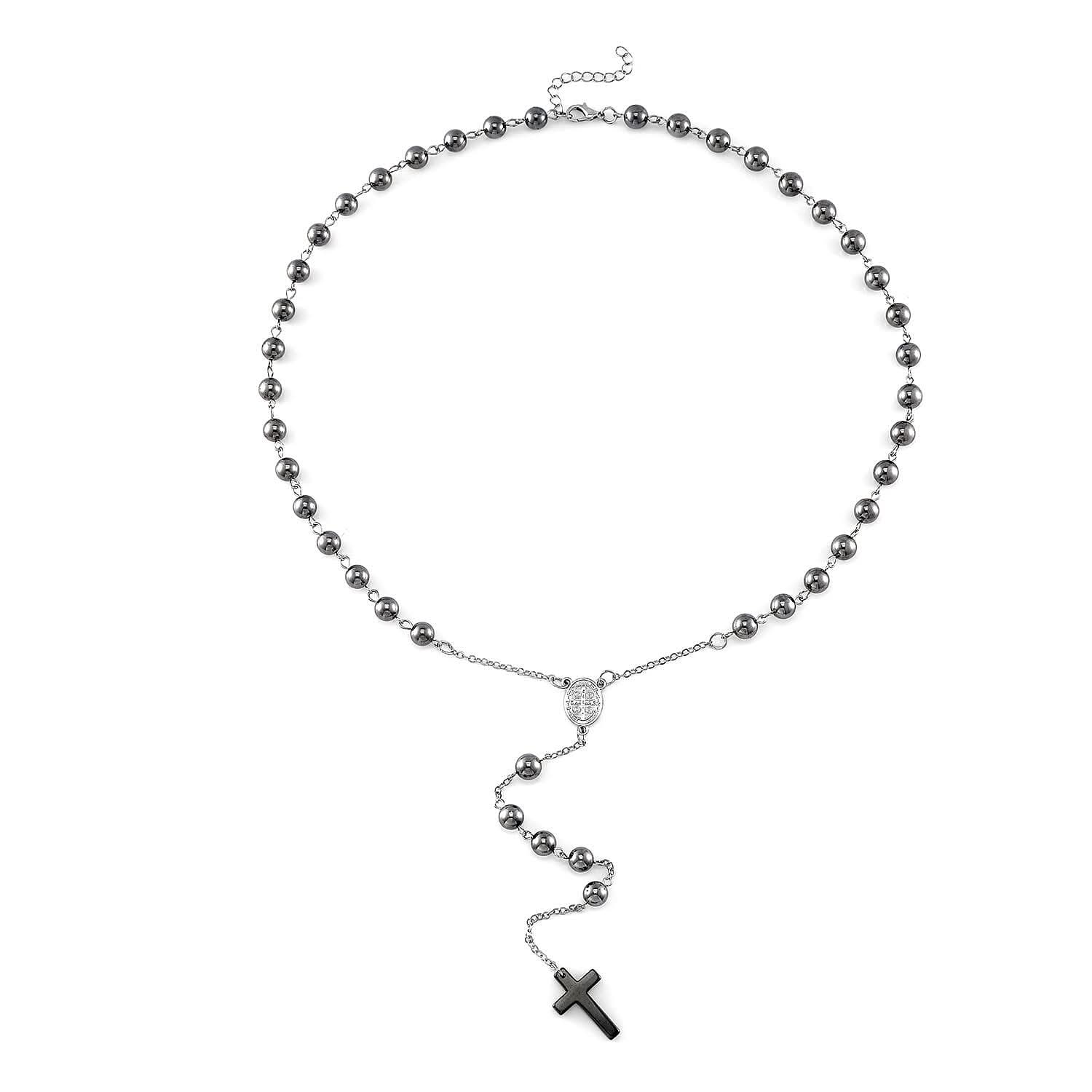 Terahertz and Hematite 170.00 ctw Beaded Rosary Necklace 26 Inches in Silvertone and Stainless Steel