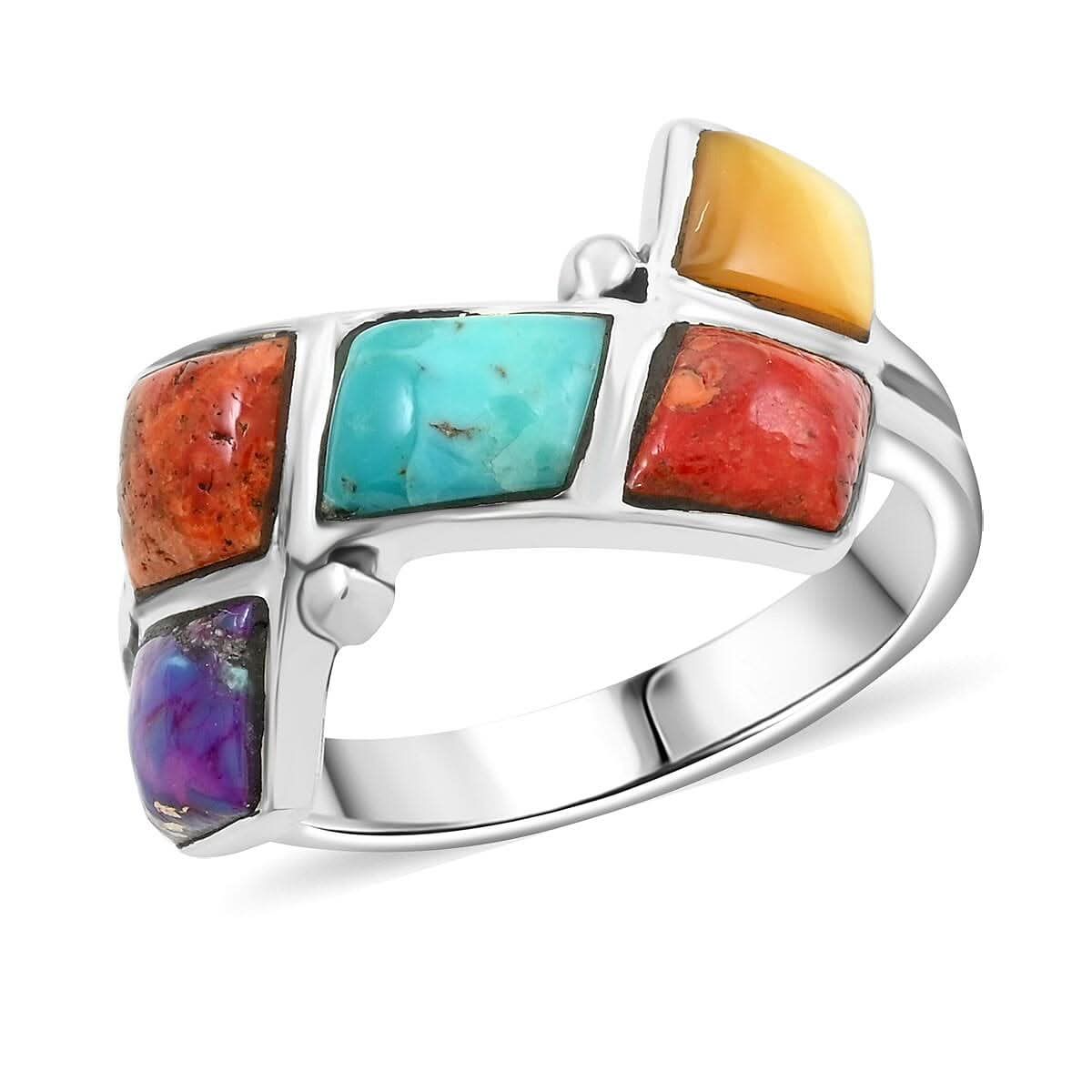 Santa Fe Style Multi Gemstone Ring in Sterling Silver (Size 10.0) 1.50 ctw