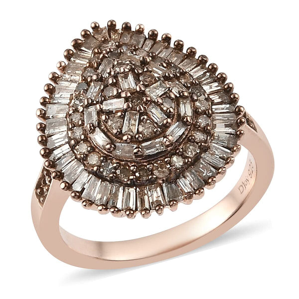 DOORBUSTER Natural Champagne Diamond Pear Shape Cluster Ring in Rhodium and Vermeil Rose Gold Over Sterling Silver 1.10 ctw - Product card gallery slide 1 (9431251976447)