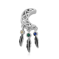 Simulated Multi Diamond Retro Moon Dreamcatcher Charm in Rhodium Over Sterling Silver 0.07 ctw