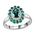 Certified & Appraised Rhapsody 950 Platinum AAAA Pirineu Lagoon Tourmaline, Boyaca Colombian Emerald and Diamond Double Halo Ring 7.10 Grams 1.43 ctw - Sticky add to cart bar
