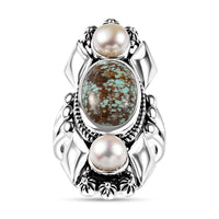 D'Joy Artisan Crafted Blue Horizon Turquoise 5.60 ctw and White Pearl Ring in Sterling Silver (Size 6.0)