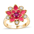 Niassa Ruby (FF), White Zircon, Enameled Floral Ring in 18K Vermeil YG Over Sterling Silver (Size 10.0) 0.50 ctw - Sticky add to cart bar