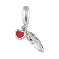Enameled Heart and Feathers Charm in Rhodium Over Sterling Silver 1.75 Grams