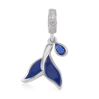 Simulated Blue and White Diamond Enameled Drop Shaped Charm in Rhodium Over Sterling Silver