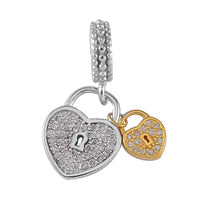 Simulated Diamond and Enameled Heart Shape Lock Charm in 14K YG and Rhodium Over Sterling Silver