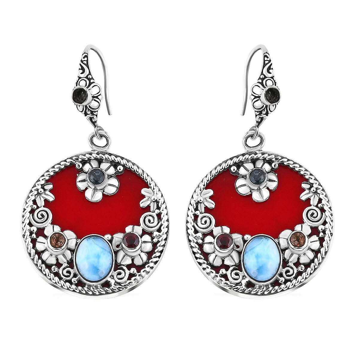 TLV Bali Legacy Sponge Coral, Larimar, Multi Gemstone Ocean Bloom Earrings in Sterling Silver 5.60 ctw