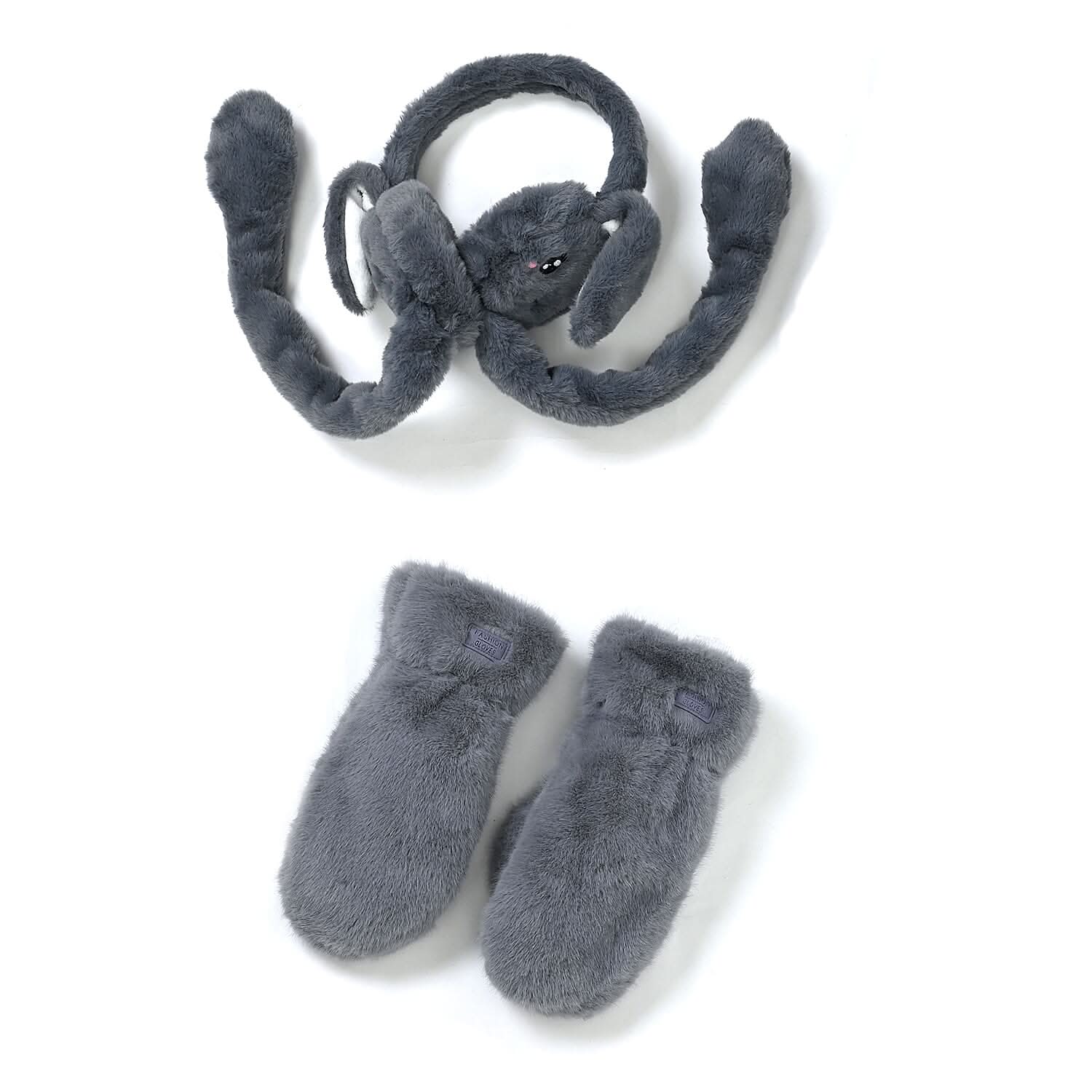 Dark Gray Earmuffs with Moving Ears (21") and 1 Pair Gloves Set (10.4"x4.7")