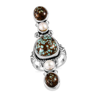 Artisan Crafted Blue Horizon Turquoise, White Pearl Elongated Ring in Sterling Silver (Size 7.0) 8.35 ctw