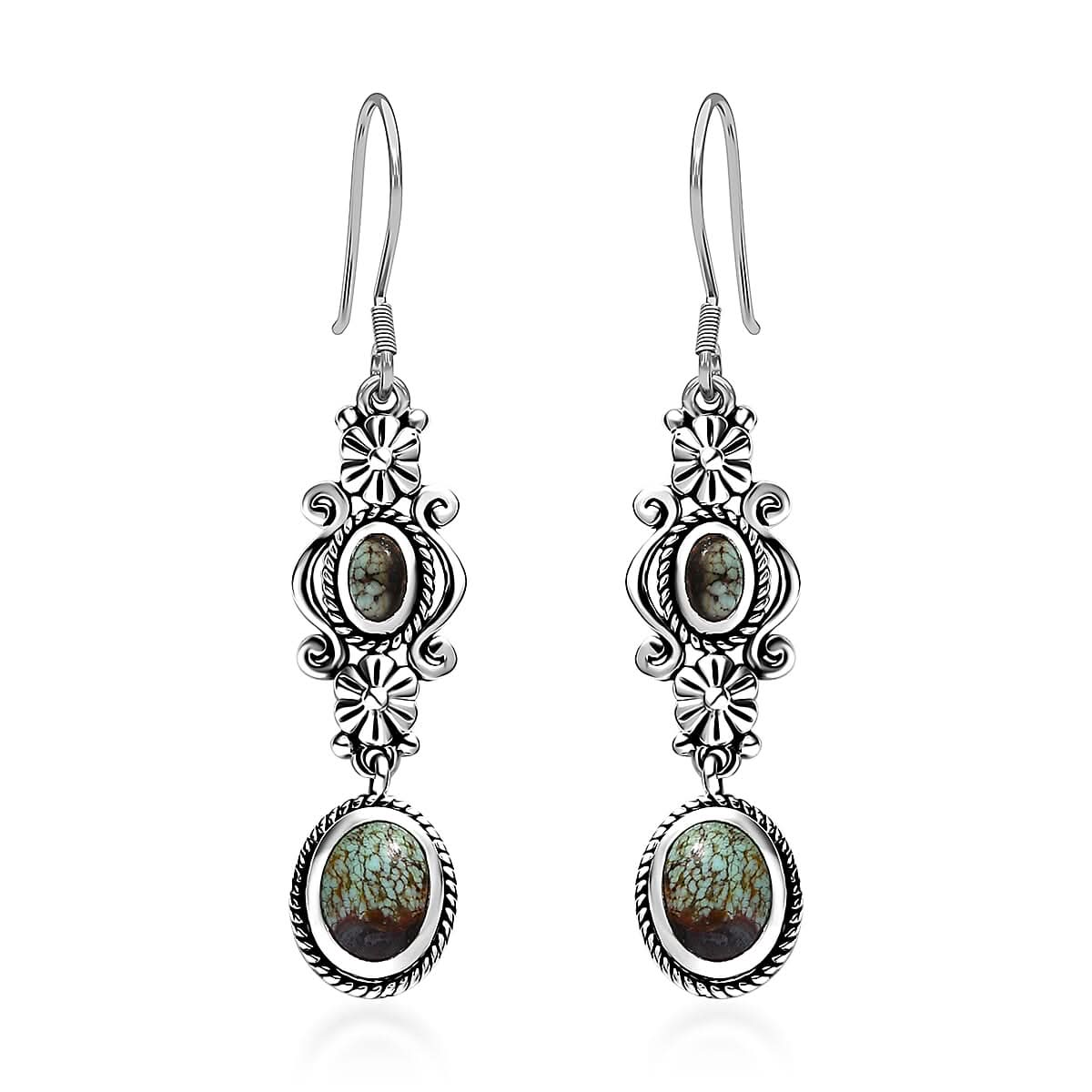 Artisan Crafted Blue Horizon Turquoise 2.50 ctw Floral Earrings in Black Oxidized Sterling Silver