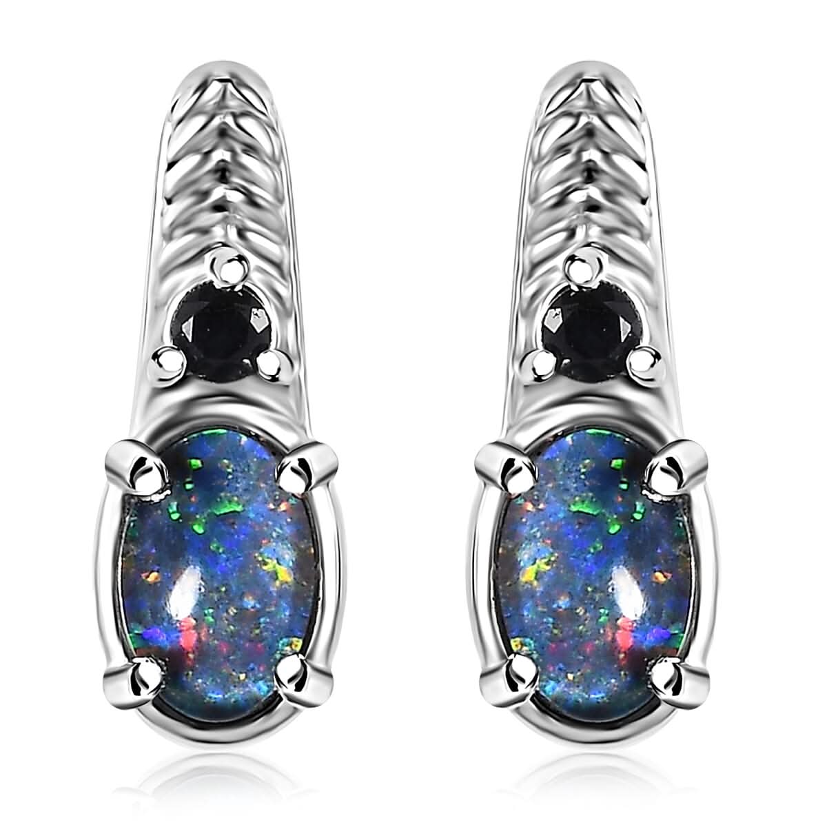 Boulder Opal Triplet and Midnight Sapphire 0.80 ctw Earrings in Stainless Steel