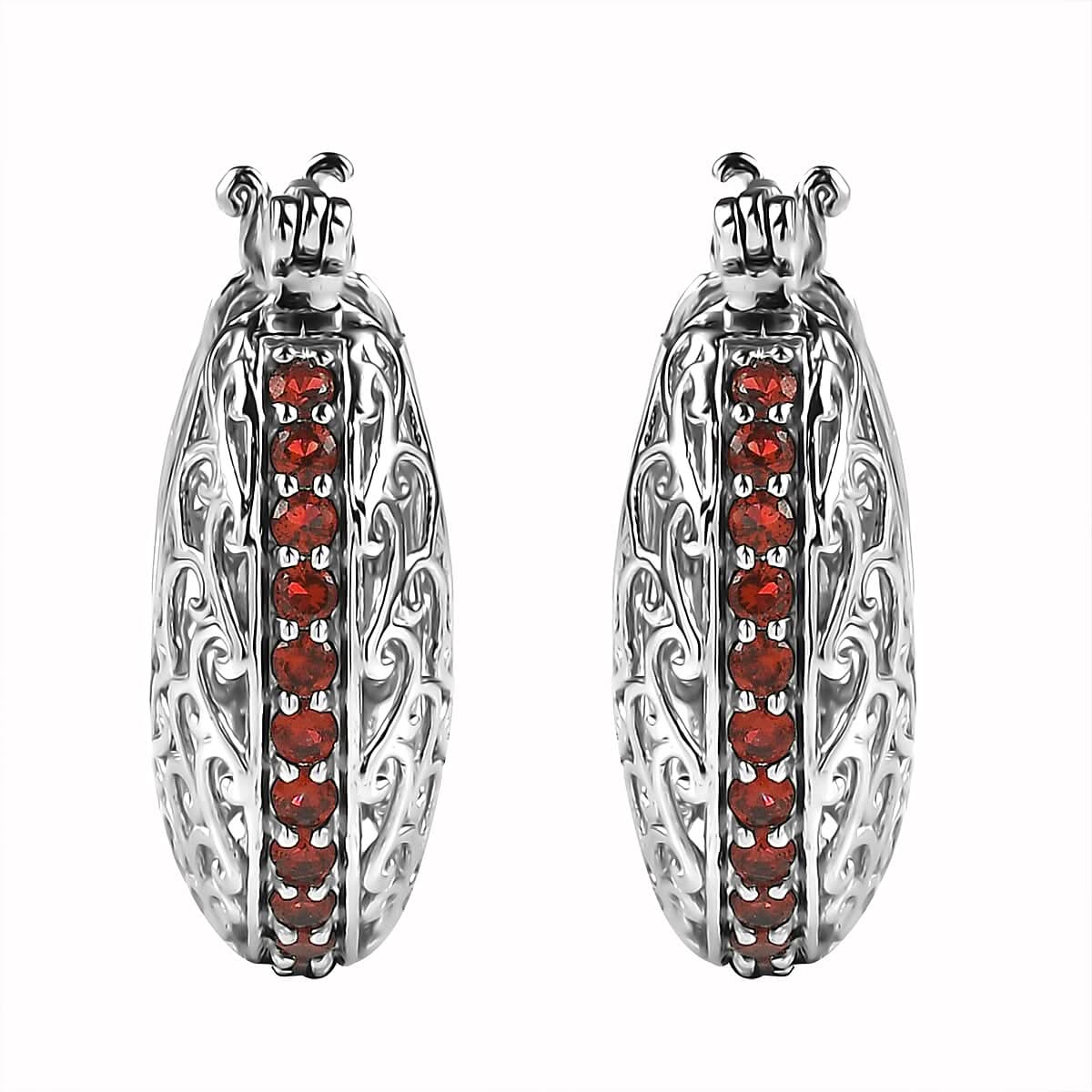 Karis Simulated Red Diamond Hoop Earrings in Platinum Bond 1.85 ctw
