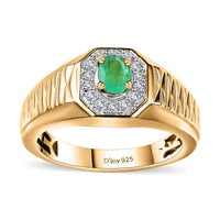 Premium Boyaca Colombian Emerald, White Zircon Men's Ring in 18K Vermeil YG Over Sterling Silver (Size 10.0) 0.50 ctw