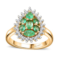 Premium Boyaca Colombian Emerald, White Zircon Green Lake Trek Ring in 18K Vermeil YG Over Sterling Silver (Size 6.0) 1.30 ctw