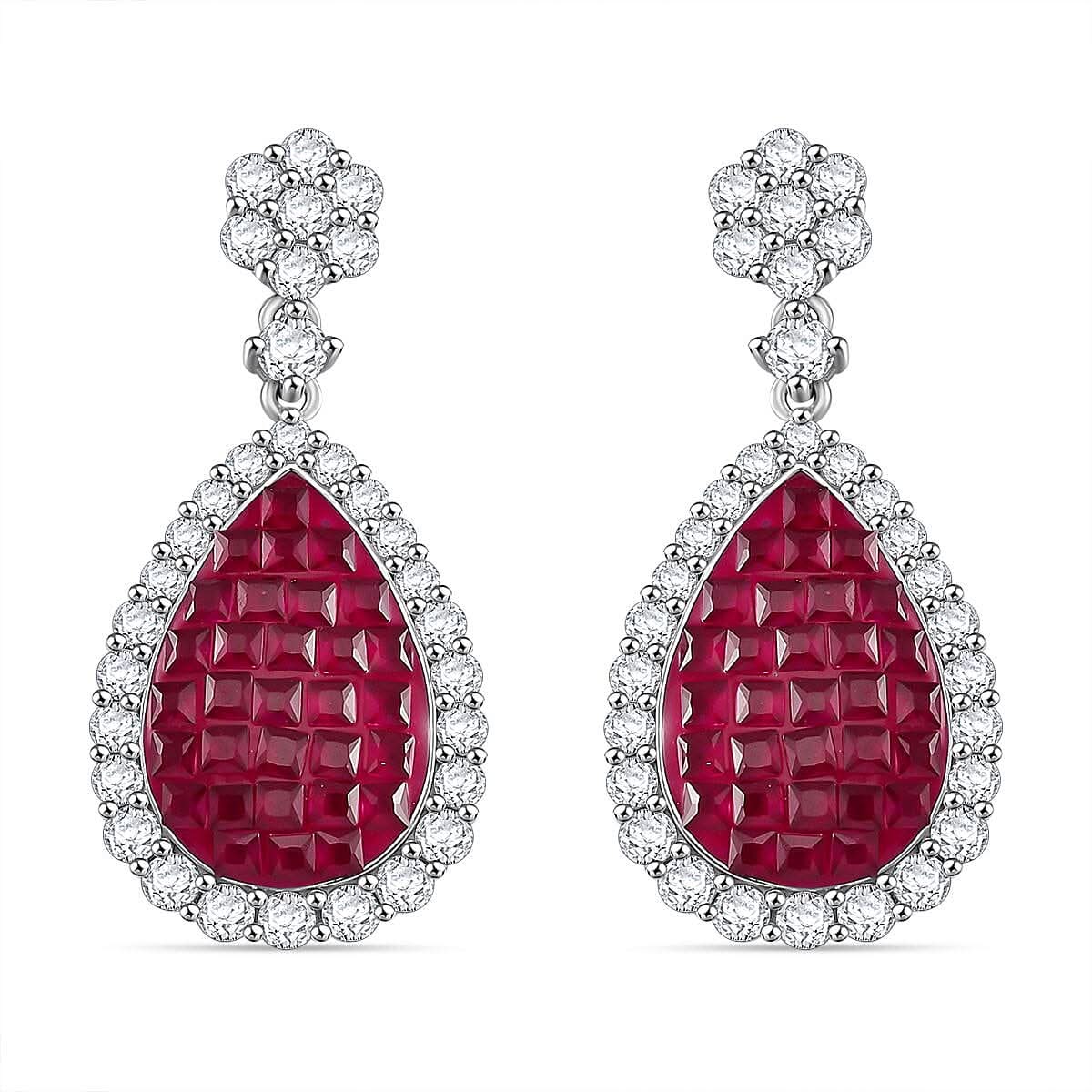 Simulated White and Ruby Color Diamond Drop Earrings in Rhodium Over Sterling Silver 9.50 ctw