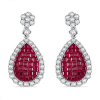 Simulated White and Ruby Color Diamond Drop Earrings in Rhodium Over Sterling Silver 9.50 ctw