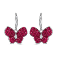Simulated White and Ruby Color Diamond Butterfly Earrings in Rhodium Over Sterling Silver 2.40 ctw