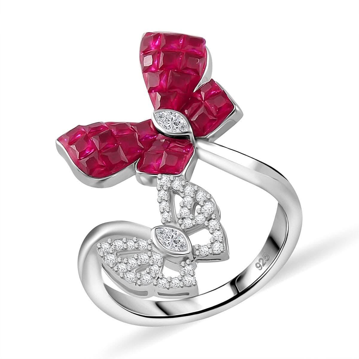 Simulated White and Ruby Color Diamond Butterfly Ring in Rhodium Over Sterling Silver (Size 10.0) 1.78 ctw