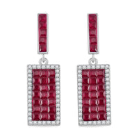 Simulated White and Ruby Color Diamond Earrings in Rhodium Over Sterling Silver