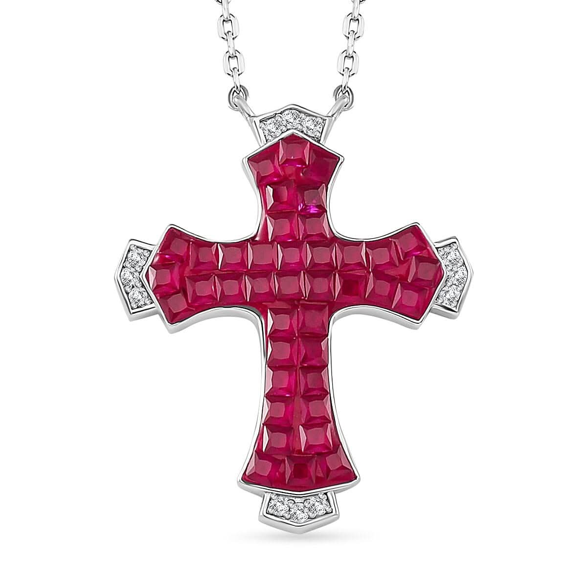 Simulated White and Ruby Color Diamond Cross Shape Necklace in Rhodium Over Sterling Silver (18 Inches) 1.25 ctw