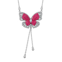Simulated Ruby Color and White Diamond Butterfly Necklace in Rhodium Over Sterling Silver (18 Inches) 3.30 ctw