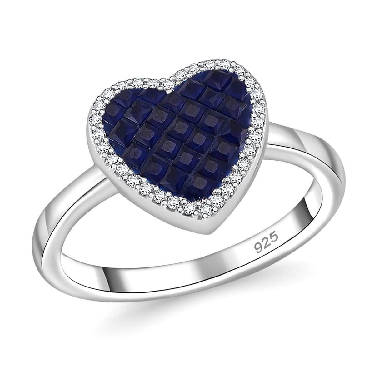 Simulated White and Blue Diamond Heart Ring in Rhodium Over Sterling Silver (Size 10.0) 0.80 ctw