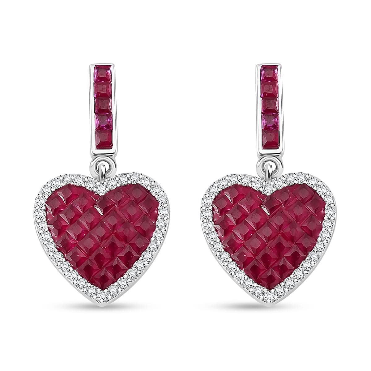 Simulated White and Red Color Daimond Heart Earrings in Rhodium Over Sterling Silver 2.10 ctw