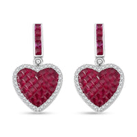 Simulated White and Red Color Daimond Heart Earrings in Rhodium Over Sterling Silver 2.10 ctw