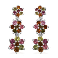 Multi-Tourmaline 3.20 ctw Flower Earrings in Rhodium Over Sterling Silver