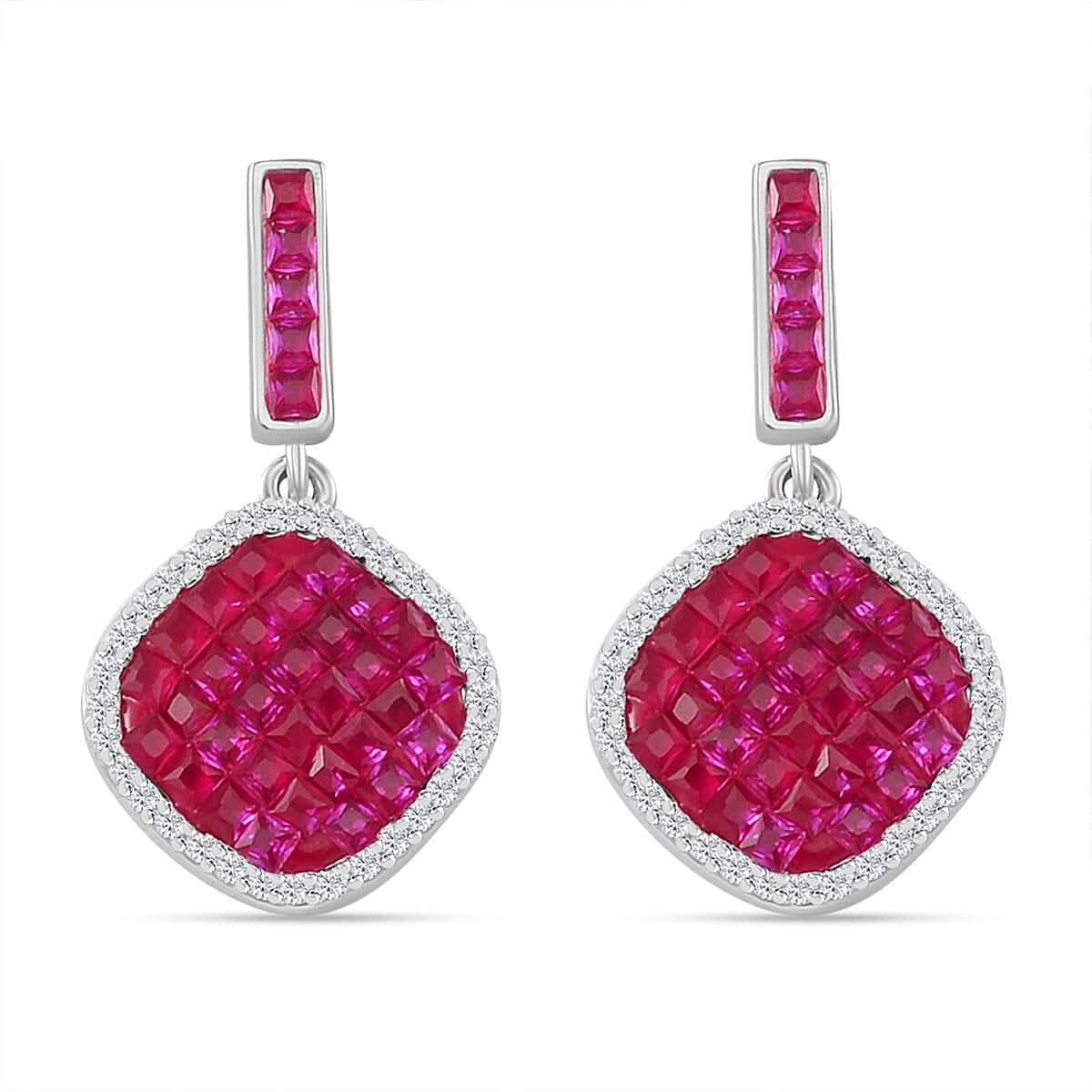 Simulated White and Ruby Color Diamond Mosaic Earrings in Rhodium Over Sterling Silver 4.80 ctw