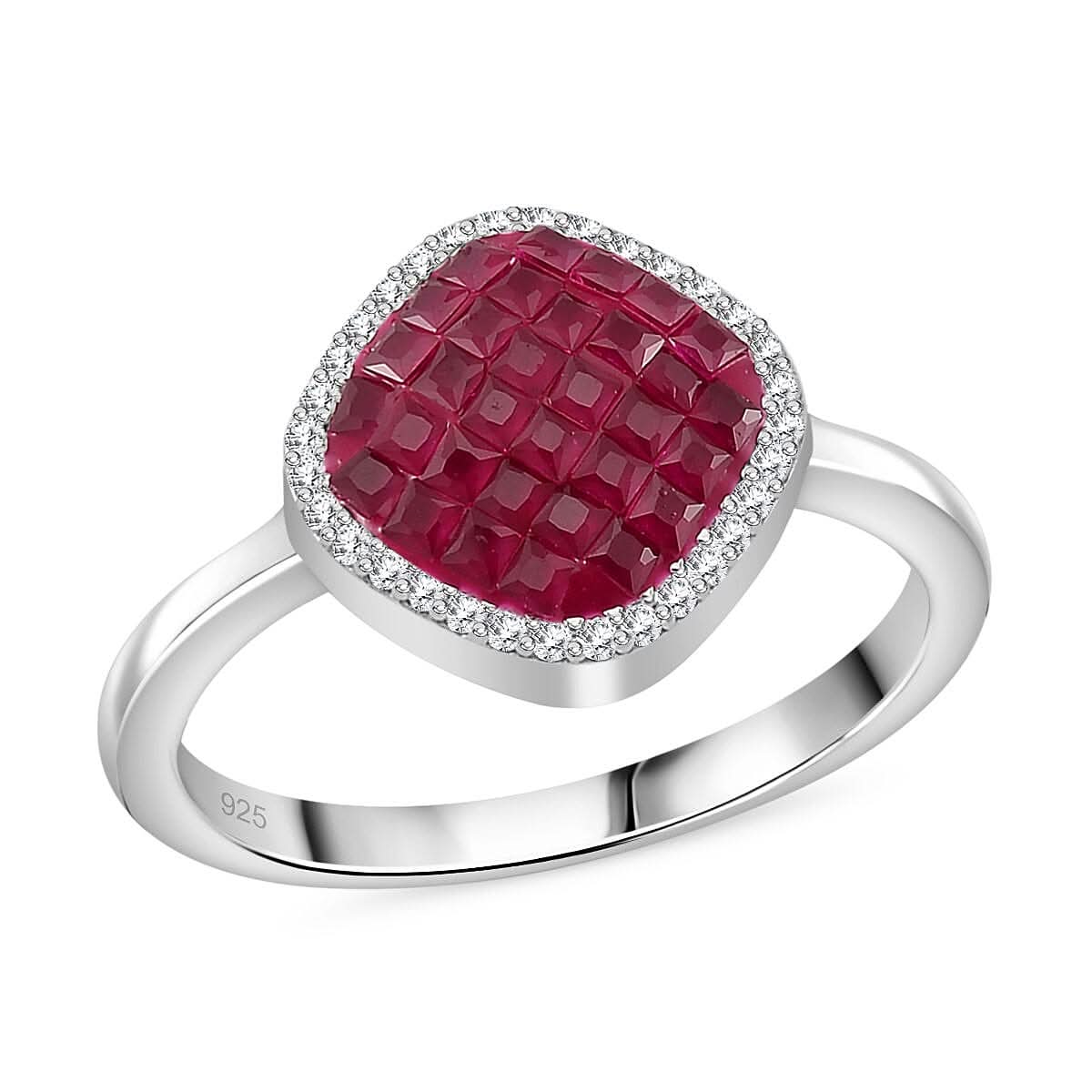 Simulated White and Ruby Color Diamond Ring in Rhodium Over Sterling Silver (Size 10.0) 0.90 ctw