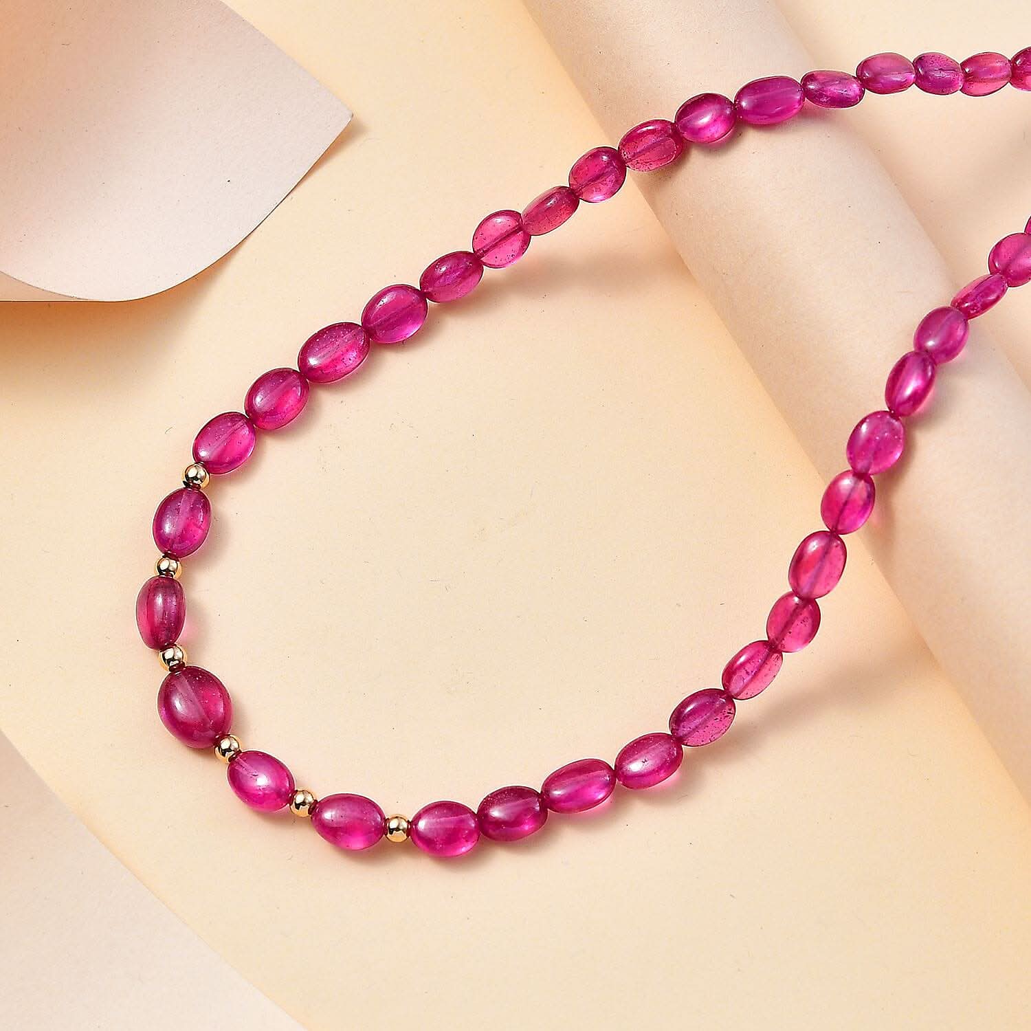 Certified & Appraised Luxoro AAA Niassa Ruby (FF) 85.00 ctw Beaded Graduated Necklace in 14K Yellow Gold 18-20 Inches